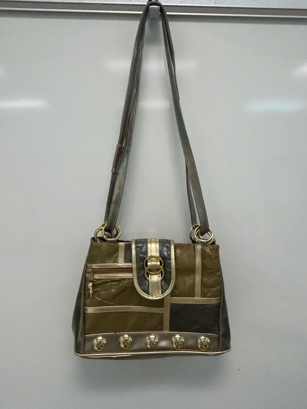 Vintage Warren Reed leather Metallic Patchwork Shoulder Bag with Gold Accents